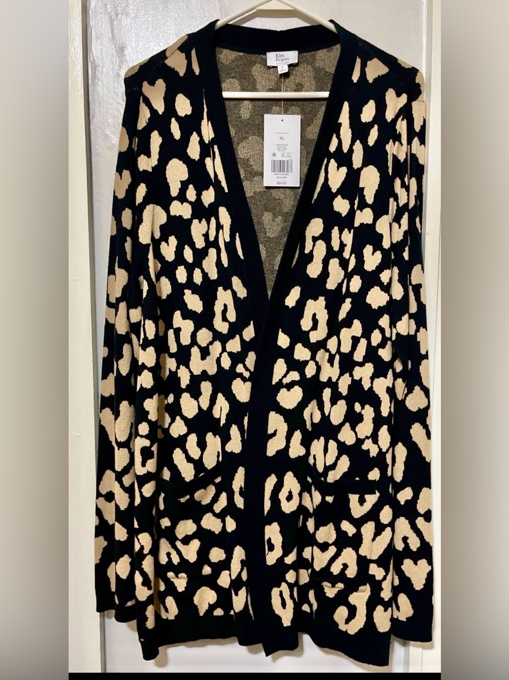 Kim Rogers Black and Cream Leopard-Print Open Cardigan